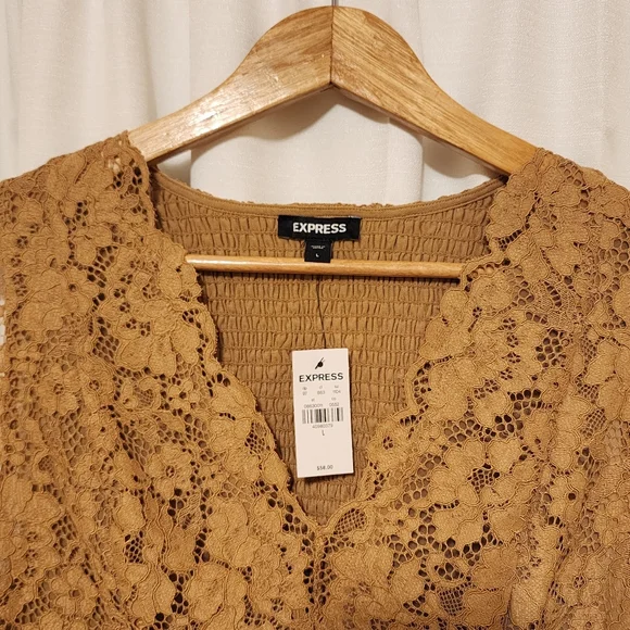NEW Express Lace Smocked Back Sleeveless Blouse Dusty Gold - Picture 8 of 10